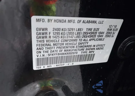 2019 Honda Passport Elite from USA, damaged, VIN 5FNYF8H06KB002070